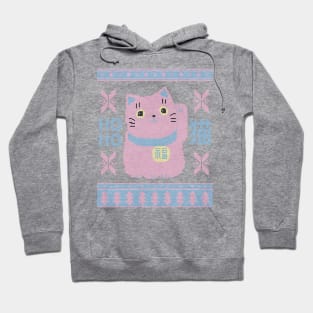 Pastel Pink and Blue Japanese Cat Maneki Neko Kawaii Ugly Christmas Sweater Design Hoodie